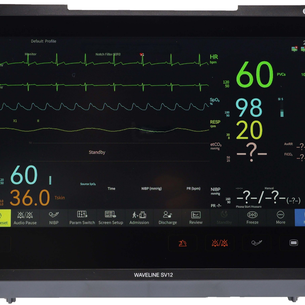 DRE Waveline SV12 Patient Monitor 13.3 inch touchscreen showing ECG, SpO2, NIBP, and capnography waveforms