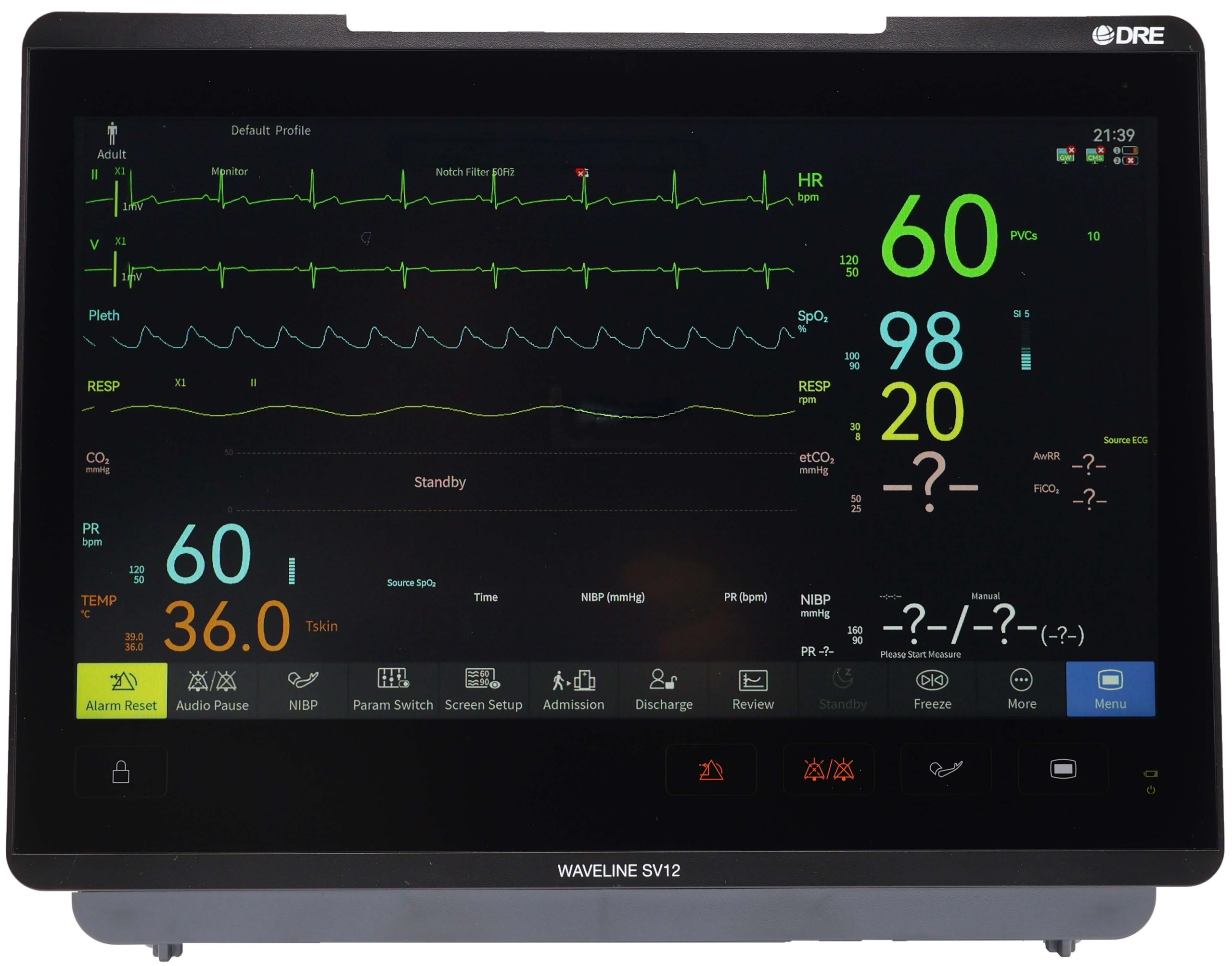DRE Waveline SV12 Patient Monitor 13.3 inch touchscreen showing ECG, SpO2, NIBP, and capnography waveforms